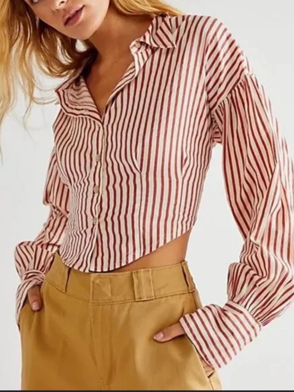 Free People NWT Ophelia Striped Red & White Cropped Corset Button-Up Top